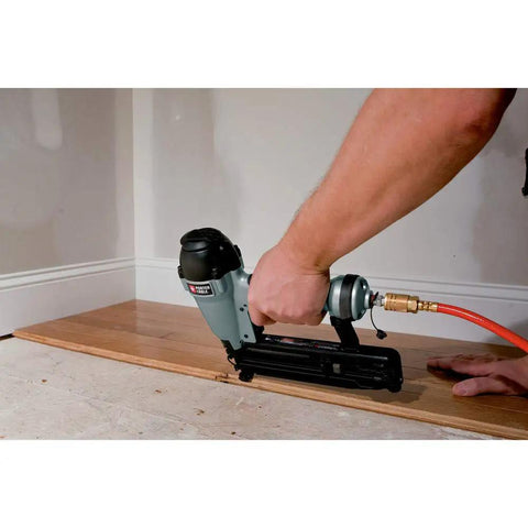Using 16-Gauge Straight Finish Nailer Kit with Tool-Free Depth-Of-Drive Adjustment for flooring installation