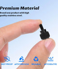 Close-up of a finger holding a black stainless steel thumb screw, highlighting rust-proof and antioxidative features