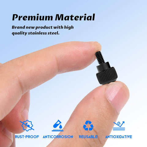 Close-up of a finger holding a black stainless steel thumb screw, highlighting rust-proof and antioxidative features