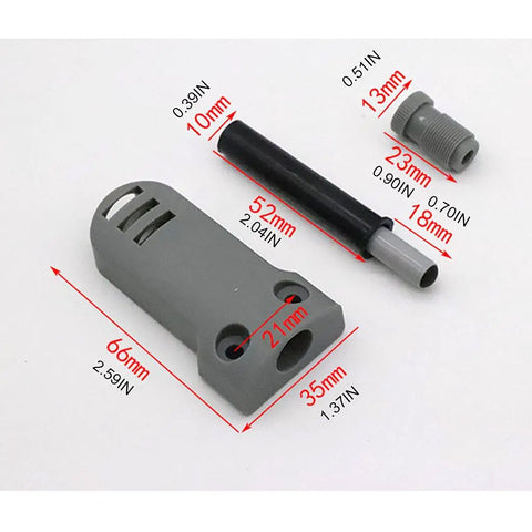 Silent Slam Free Cabinet Door Stoppers and Damper With Soft Close Push Type Catch, gray components laid out with measurements.
