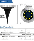 Dimensions and specifications of 12 Pack Solar Ground Lights For Outdoor Garden In Ground Disk Landscape LED Lights Waterproof Pathway Yard Lights With A Warm Lit Glow For Lawn Patio Walkway Sidewalk And Driveway, showing size and material details.
