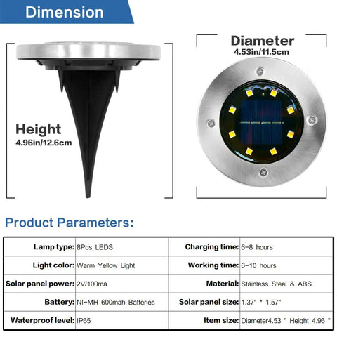 Dimensions and specifications of 12 Pack Solar Ground Lights For Outdoor Garden In Ground Disk Landscape LED Lights Waterproof Pathway Yard Lights With A Warm Lit Glow For Lawn Patio Walkway Sidewalk And Driveway, showing size and material details.