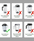 Grid of six blender containers with labels, highlighting a 64oz advance container compatible with Advanced Series 48 And 64 Oz Food Blender
