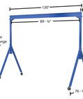 Heavy Duty Adjustable Height Gantry Crane With 2000 Lb Capacity And Locked Nylon Casters Built Like A Tank For Moving Big Loads Around Shop Floors Glides Super Smooth, displaying dimensions and adjustable clearance.