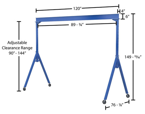 Heavy Duty Adjustable Height Gantry Crane With 2000 Lb Capacity And Locked Nylon Casters Built Like A Tank For Moving Big Loads Around Shop Floors Glides Super Smooth, displaying dimensions and adjustable clearance.