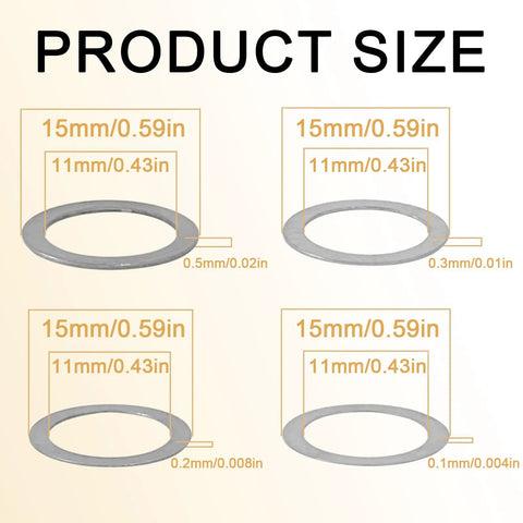Heavy Duty 304 Stainless Steel Shim Washer Set 48 Pcs Thin Flat Spacers showing product sizes for precision bolt alignment.