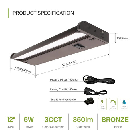 Specification details of Swivel LED Under Cabinet Lights 12 Inch 5W Kit Dimmable And Linkable Plug In Or Hardwired, showing dimensions.