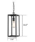 15 Inch Outdoor Pendant Lantern Light With Clear Glass For Patio Pathway And Hallway, black frame, lit Edison bulb, 6x14.63 size