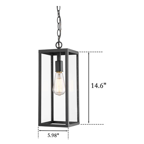 15 Inch Outdoor Pendant Lantern Light With Clear Glass For Patio Pathway And Hallway, black frame, lit Edison bulb, 6x14.63 size