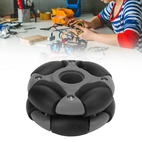 Close-up of 48mm omni-directional robot wheel with gray nylon hub and black rubber rollers