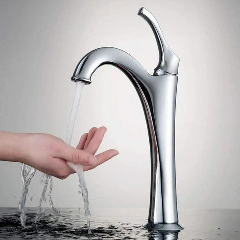 Vessel Bathroom Faucet With Single Handle And Pop Up Drain, Chrome Finish, flowing water with hands under the stream
