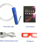 Lit Fiber Optic Space Dancing Light Whip With Rechargeable LED, USB cord, manual, and 3D glasses displayed together