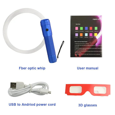 Lit Fiber Optic Space Dancing Light Whip With Rechargeable LED, USB cord, manual, and 3D glasses displayed together