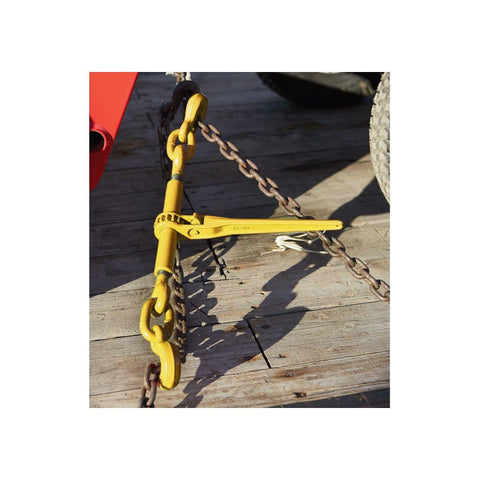 Heavy Duty Ratchet Load Binder for 3/8 to 1/2 Inch Grade 70 Transport Chain, 360 Degree Swivel Grab Hooks, 9,200 Lbs SWL, yellow finish