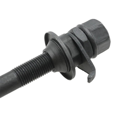 Close-up of Front Bike Axle 140mm 3 Eighths Inch Black Hub Shaft Replacement Kit with conical lock nut washer attached.