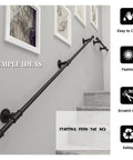 No Nonsense Wrought Iron Handrail 18 Ft Indoor Outdoor Stair Safety Bar With Wall Mount Brackets mounted on a staircase wall.