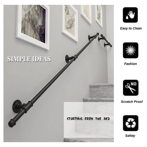 No Nonsense Wrought Iron Handrail 18 Ft Indoor Outdoor Stair Safety Bar With Wall Mount Brackets mounted on a staircase wall.