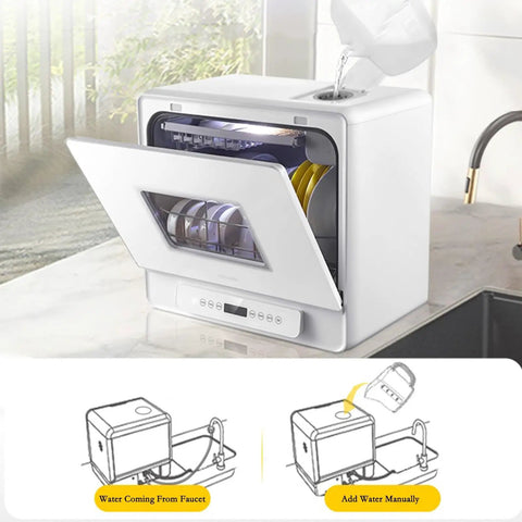 Sleek Fully Automatic Countertop Dishwasher With Uv Wash Cycle And Wall Mounted Design For Tight Counter Spaces, showcasing water fill feature.