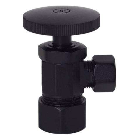 Black angle stop valve from Matte Black Corrugated Riser Supply Line Kit with one quarter turn for faucet and toilet installation.