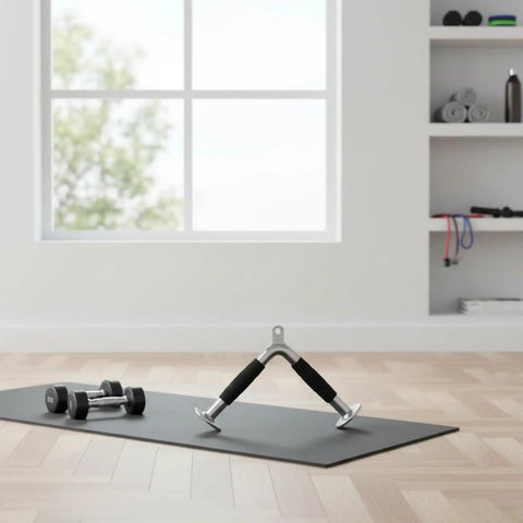 Triceps Training Bar For Cable Pulldown And Pressdown Sturdy Rubber Grip Bar on mat, weights nearby in gym setting.