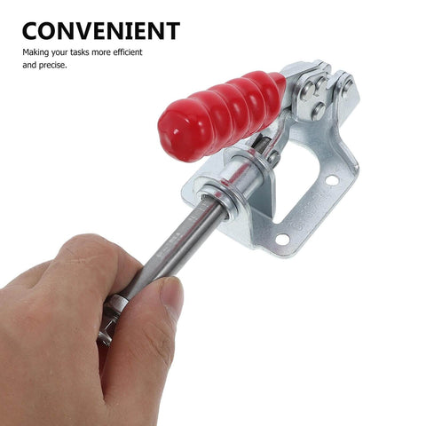 4 Piece Quick Release Push Pull Toggle Clamps For Woodworking, Heavy Duty Zinc Plated Steel, Pro Grade High Strength Workholding displayed.