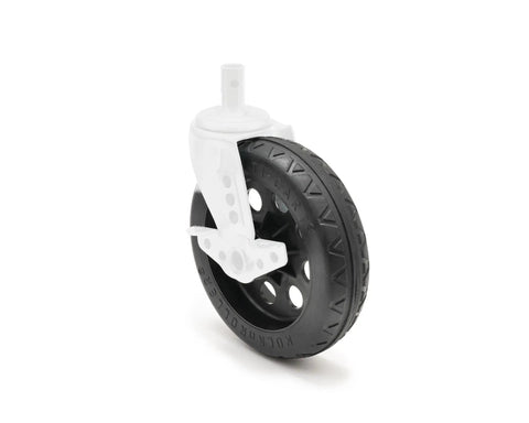 Eight Inch Stealth All Terrain Casters With Locking Brake Two Pack Slick Glide Pneumatic Wheels showing black rubber tire and mounting stem.