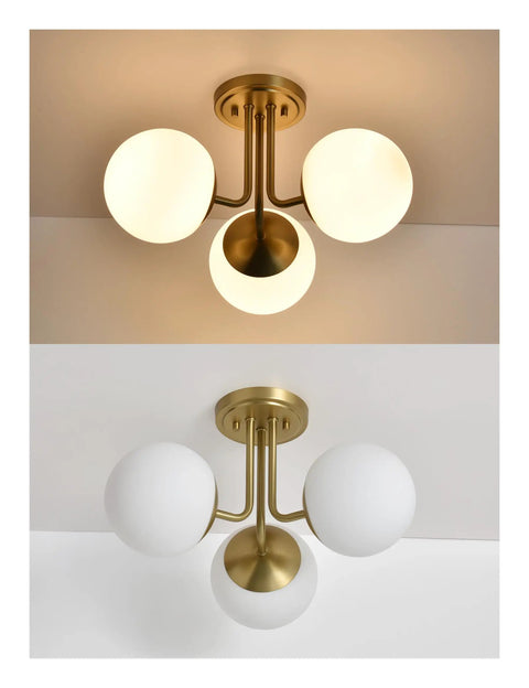Three Light Aged Brass Semi Flush Mount Ceiling Light Fixture With White Globe Glass, Modern Sputnik Farmhouse Chandelier