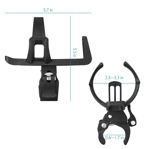 2 Pack Universal Bike Water Bottle Holders No Screws Easy Install Cup Cage With 360 Degree Rotatable Clip Fits 2.5 to 3.3 Inch Bottles Up To 27 Oz For Kids And Adults Bikes, black holders side view showing dimensions