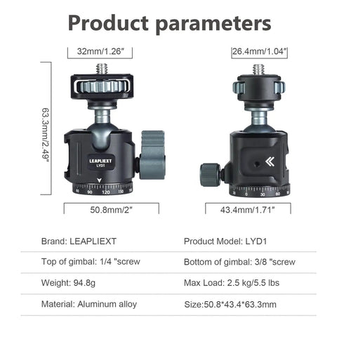 Ball Head Tripod With 360 Panoramic Rotation And 90 Degree Tilt, Built In Bubble Level, One Quarter Inch Screw, product dimensions