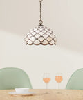 Tiffany Style Cream Amber Bead Stained Glass Pendant Light Fixture over dining table, 12 Inch Wide Shade, antique green bronze base.