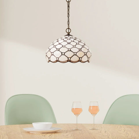 Tiffany Style Cream Amber Bead Stained Glass Pendant Light Fixture over dining table, 12 Inch Wide Shade, antique green bronze base.