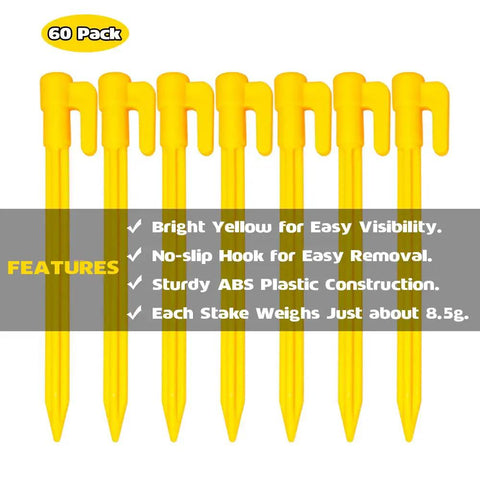 Front view of 60 pack plastic tent stakes five point seven inch for anchoring garden netting camping tents rain tarps and landscape fabric.