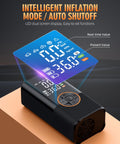 Portable Tire Inflator Air Compressor With Digital Pressure Gauge 150 PSI 3x Faster Inflation For Cars Motorcycles Bicycles And Sports Balls Plus Auto Shut Off Black showing LED display.