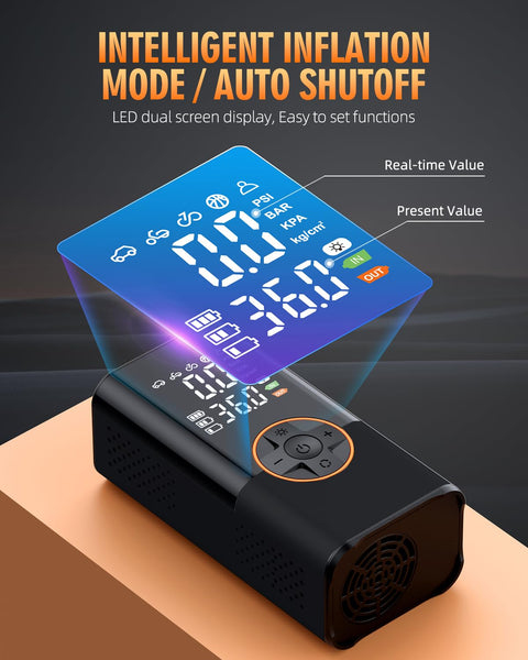Portable Tire Inflator Air Compressor With Digital Pressure Gauge 150 PSI 3x Faster Inflation For Cars Motorcycles Bicycles And Sports Balls Plus Auto Shut Off Black showing LED display.