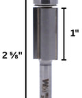 Top Shelf Two Flute Flush Trim Router Bit With Razor Sharp Carbide Tip For Smooth Laminate And Veneer Trimming Dead Accurate Cuts Every Time Quarter Inch Shank B3 Bearing Guide Included, showing dimensions of 1/2 inch cutter and 1 inch depth.