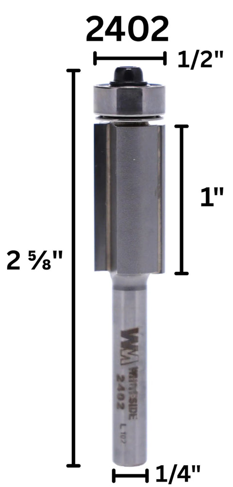 Top Shelf Two Flute Flush Trim Router Bit With Razor Sharp Carbide Tip For Smooth Laminate And Veneer Trimming Dead Accurate Cuts Every Time Quarter Inch Shank B3 Bearing Guide Included, showing dimensions of 1/2 inch cutter and 1 inch depth.