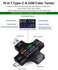 15 in 1 USB Color Tester displaying voltage, current, and data on color screen with USB input and output