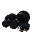 Five Piece Padded Drum Bag Set With Snare And Bass Drum Bags Three Tom Cases, black bags with tan accents for hard protection.