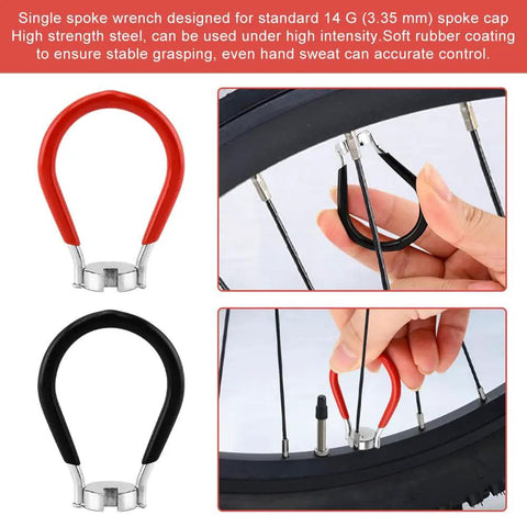 No Sweat Road Warrior Bike Repair Kit featuring single spoke wrenches for 14G adjustment, one red and one black, shown in use.