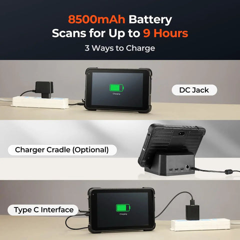 Rugged Barcode Tablet With Zebra SE4710 Scanner, Android 14, 8GB RAM 128GB Storage charging options displayed