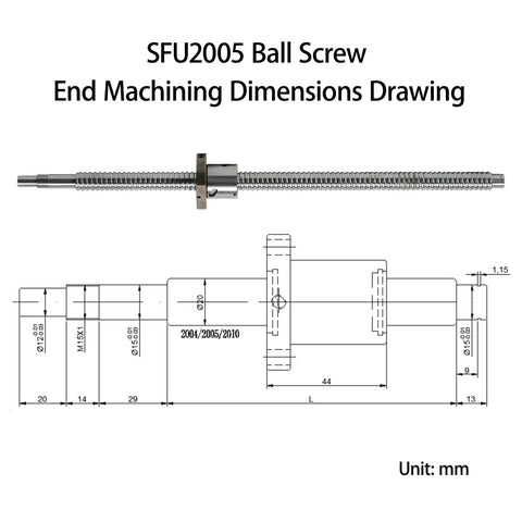 SFU2005 50 Inch Ball Screw Kit With Anti Backlash Nut drawing showing dimensions and machining details