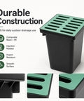 Rugged Heavy Duty Catch Basin With Grate And Debris Basket For Outdoor Drainage System, black composite resin, shown in detail.