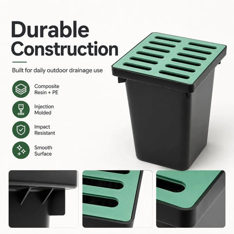 Rugged Heavy Duty Catch Basin With Grate And Debris Basket For Outdoor Drainage System, black composite resin, shown in detail.