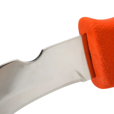 Close-up of notched blade on Orange Handle Hawkbill Cable Splicer Skinning Knife With Notched 3 Inch Blade For Easy Stripping