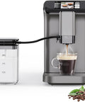 Level Up Your Coffee Game With This Top Shelf 20 Bar Espresso Machine Featuring 1350 Watt Motor Professional Milk Frother Smart Touchscreen And Adjustable Temperature Controls In Modern Gray, brewing coffee.