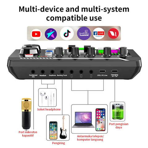 F998 Podcast Gear Bundle For TikTok And YouTube Vlogs Audio Interface And Soundboard with multi-device compatibility
