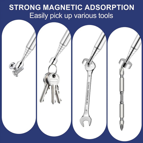 Dual Telescoping Magnetic Pickup Tool Set With 2Lb And 8Lb Magnets picking up screw, keys, wrench, and screwdriver bit