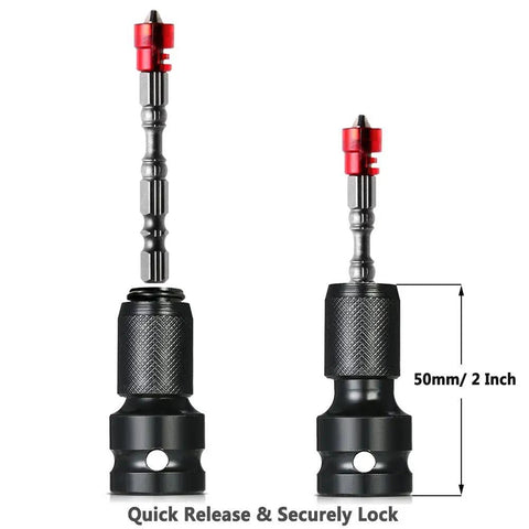 Quick Release 1/2 Inch Square Drive to 1/4 Inch Hex Female Socket Adapter Chuck Converter with Security Lock shown in two sizes