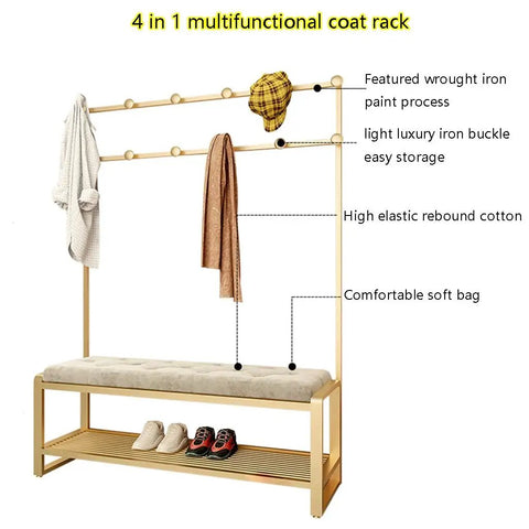 Straight Up Solid Four In One Coat Rack And Shoe Bench Storage Center With Heavy Duty Mdf Frame And Reinforced Hanging Rod For No Sweat Entryway Organization And Daily Use on display with coats, hat, and shoes.