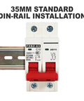 Rock Solid 2P DC Solar Circuit Breaker 1000V Rated featuring kickass overload and short circuit protection mounted on 35mm DIN rail.